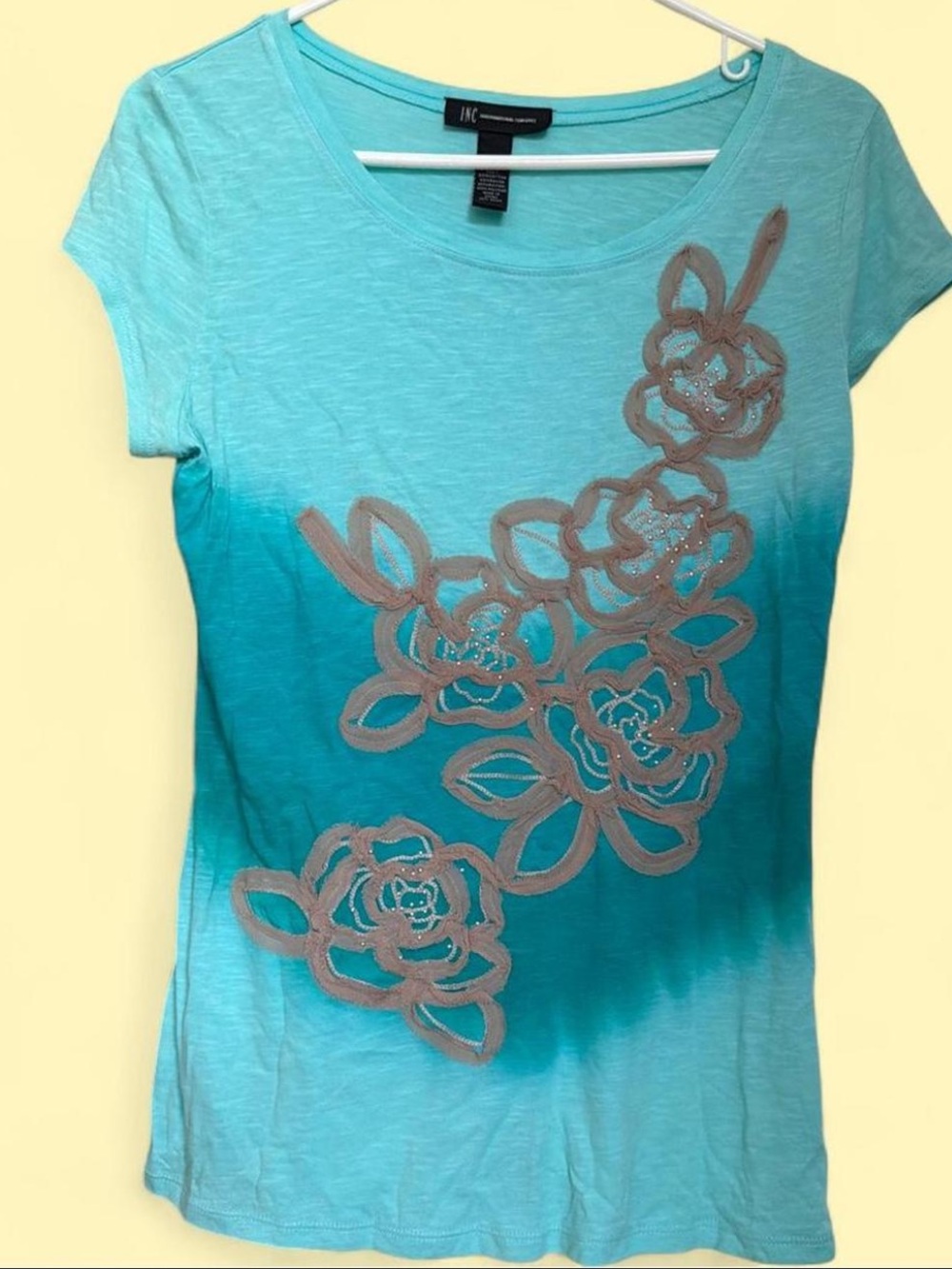 INC International Concepts Teal Ombre Floral Appliqué Short Sleeve Tee
